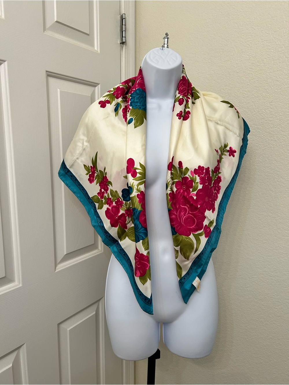 Vintage Elaine Gold 100% Silk Scarf — Ivory & Teal Floral